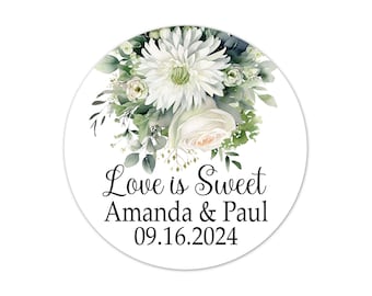Love is Sweet Wedding Favor Stickers, Personalized White Flower Bouquet Round Labels - WED168