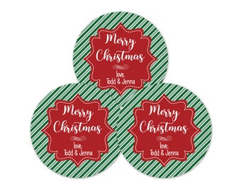 Custom Christmas Gift Sticker Labels, Red and Green Stripe Merry Christmas Present Tags, Custom Xmas Stickers - XMAS12