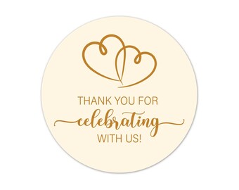 Gold Thank You For Celebrating With Us Stickers, Wedding Favor Labels, Intertwined Heart Envelope Seals, Bridal Shower Favor Stickers