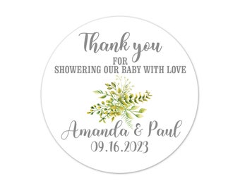 Personalized Baby Shower Stickers, Custom Botanical Thank You for Showering Our Baby With Love Seals Gender Neutral Coed Tags - BB27