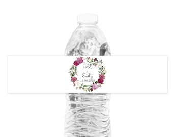Custom Wedding Water Bottle Labels, Pink Floral Wreath Waterproof Stickers Set of 20