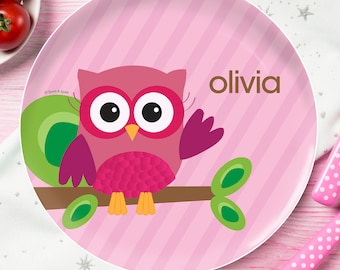 Kids Owl Plate Childs Name Gift Pink Woodland Bird Owl Melamine Personalized Plate Lime Green Chevron Owl Dinner Plate You Pick Owl