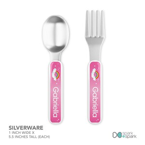 Dreamy Rainbow personalized silverware, BPA free toddler utensils, featuring soft pastel rainbow arching over, custom name, stainless steel, BPA free
