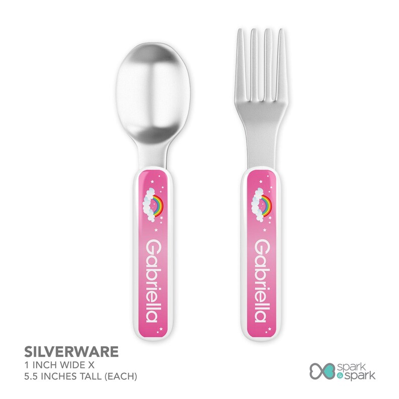 Dreamy Rainbow personalized silverware, BPA free toddler utensils, featuring soft pastel rainbow arching over, custom name, stainless steel, BPA free