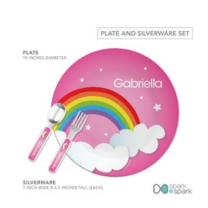 Dreamy Rainbow personalized plate, silverware set, personalized toddler tableware, featuring soft pastel rainbow arching over, custom name, 10in round, BPA free