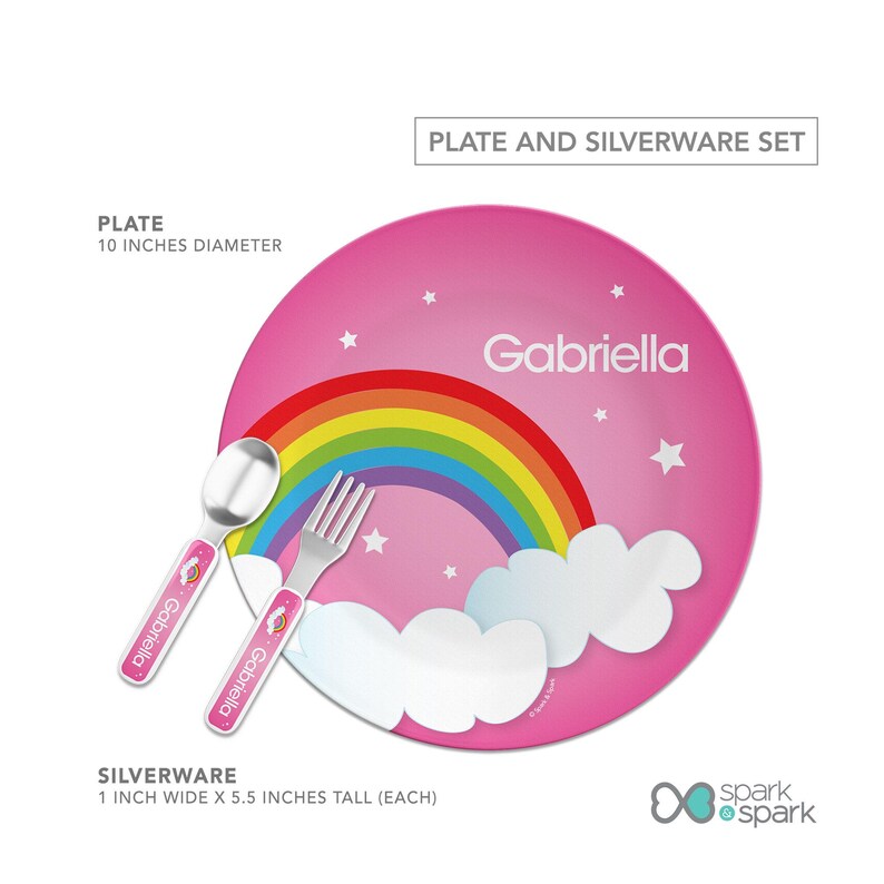 Dreamy Rainbow personalized plate, silverware set, personalized toddler tableware, featuring soft pastel rainbow arching over, custom name, 10in round, BPA free