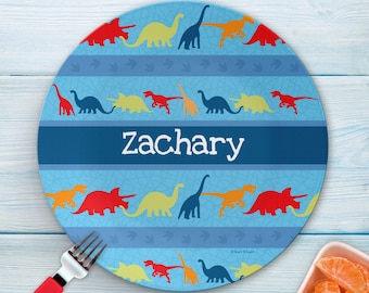 Set per la pappa a tema dinosauri - Servizio da tavola personalizzato per bambini - Piatto, ciotola, tazza, tovaglietta e posate - Senza melamina. Regalo di compleanno.