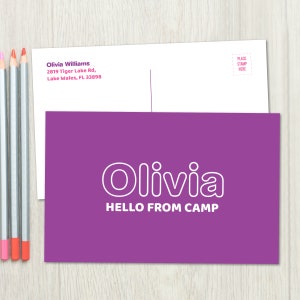 Cartões postais roxos modernos para acampamento de verão (conjunto de 10) | Cartões postais infantis | Artigos de papelaria para acampamento | Cartões postais de 6" x 4" para crianças