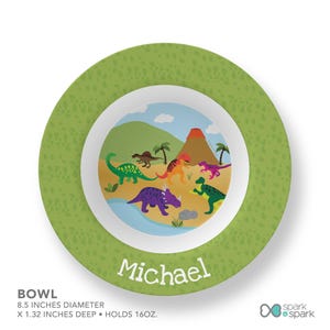 Dinosaurs Jungle Mealtime Set - Custom Dinnerware for Kids - Children's Plate, Bowl, Mug, Placemat and Cutlery - Non Melamine. Birthday Gift Bowl