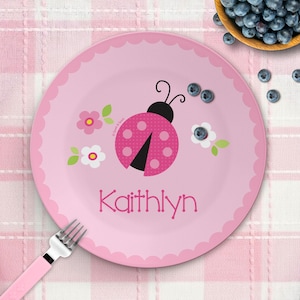 Sweet Lady Bug Mealtime Set - Custom Dinnerware for Kids - Children's Plate, Bowl, Mug, Placemat and Cutlery - Non Melamine. Birthday Gift