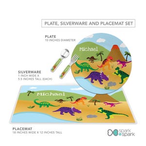 Dinosaurs Jungle Mealtime Set - Custom Dinnerware for Kids - Children's Plate, Bowl, Mug, Placemat and Cutlery - Non Melamine. Birthday Gift Plate,Silverware,Mat