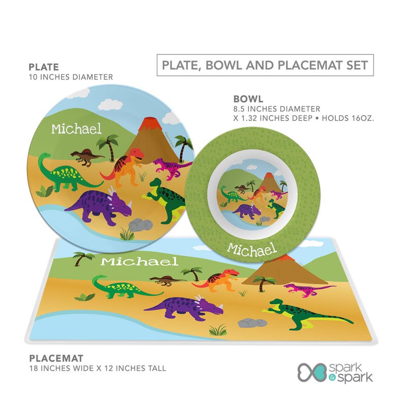 Dinosaurs Jungle Mealtime Set - Custom Dinnerware for Kids - Children's Plate, Bowl, Mug, Placemat and Cutlery - Non Melamine. Birthday Gift Plate, Bowl, Mat Set