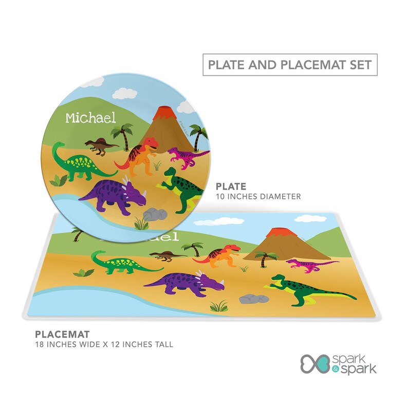 Dinosaurs Jungle Mealtime Set - Custom Dinnerware for Kids - Children's Plate, Bowl, Mug, Placemat and Cutlery - Non Melamine. Birthday Gift Plate,Placemat Set