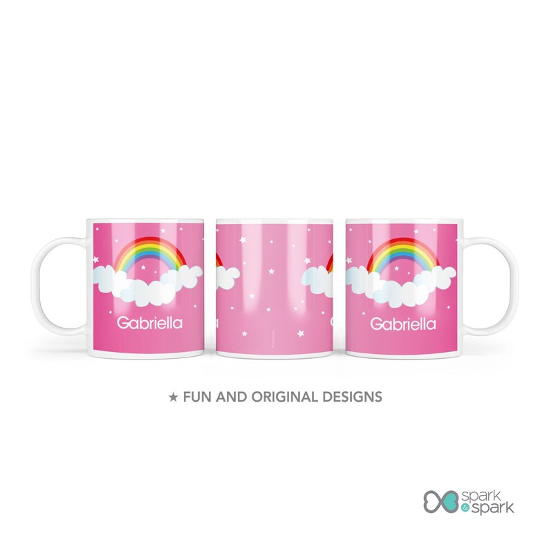 Dreamy Rainbow dishwasher safe kids mug featuring soft pastel rainbow arching over, personalized with child's name, custom name, 11oz, BPA free