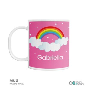 Dreamy Rainbow dishwasher safe kids mug featuring soft pastel rainbow arching over, personalized with child's name, custom name, 11oz, BPA free