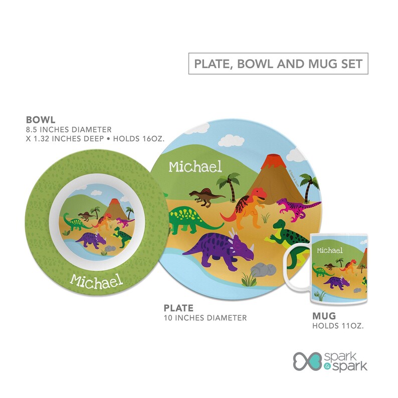 Dinosaurs Jungle Mealtime Set - Custom Dinnerware for Kids - Children's Plate, Bowl, Mug, Placemat and Cutlery - Non Melamine. Birthday Gift Plate, Bowl, Mug Set