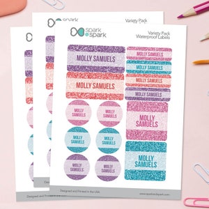 Adesivi impermeabili - Glitter Shades - Purple - Etichette di fornitura scolastica - Etichette sicure per lavastoviglie - Etichette nome personalizzate - Etichette da campeggio
