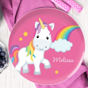 Kids Personalized Melamine Plate - Rainbow Unicorn - Custom Child&#39;s Plate - Melamine Bowl or Plate Personalized - Custom Placemat with Name