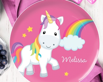 Kids Personalized Melamine Plate - Rainbow Unicorn - Custom Child's Plate - Melamine Bowl or Plate Personalized - Custom Placemat with Name