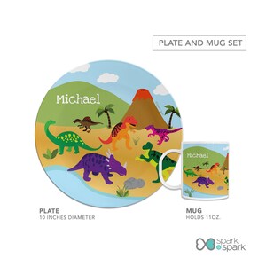 Dinosaurs Jungle Mealtime Set - Custom Dinnerware for Kids - Children's Plate, Bowl, Mug, Placemat and Cutlery - Non Melamine. Birthday Gift Plate, Mug Set