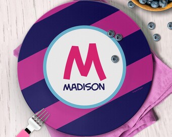 Initials Magenta Mealtime Set - Custom Dinnerware for Kids - Children's Plate, Bowl, Mug, Placemat and Cutlery - Non Melamine. Birthday Gift