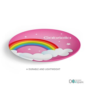 Dreamy Rainbow custom plate, personalized toddler tableware, featuring soft pastel rainbow arching over, custom name, 10in round, BPA free