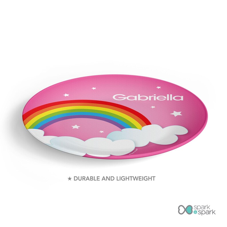 Dreamy Rainbow custom plate, personalized toddler tableware, featuring soft pastel rainbow arching over, custom name, 10in round, BPA free