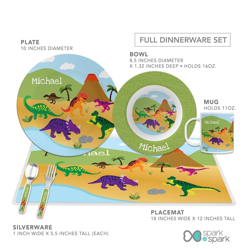 Dinosaurs Jungle Mealtime Set - Custom Dinnerware for Kids - Children's Plate, Bowl, Mug, Placemat and Cutlery - Non Melamine. Birthday Gift Full Dinnerware Set
