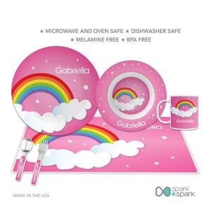 Dreamy Rainbow personalized full dinnerware set, personalized toddler tableware, featuring soft pastel rainbow arching over, custom name, 10in round, BPA free