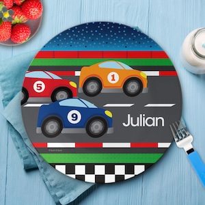 Race to Finish Mealtime Set - Custom Dinnerware for Kids - Children's Plate, Bowl, Mug, Placemat and Cutlery - Non Melamine. Birthday Gift