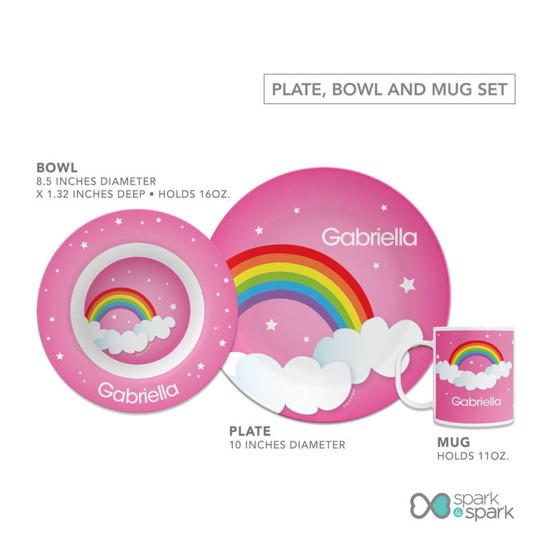 Dreamy Rainbow personalized plate, bowl, mug set, personalized toddler tableware, featuring soft pastel rainbow arching over, custom name, 10in round, BPA free