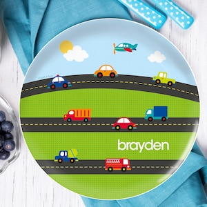 Regalo personalizado para bebés niños - Mi viaje diario - Plato personalizado para niños - Tazón de melamina personalizado - Mantel individual personalizado con nombre