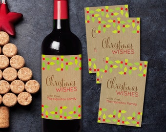 Christmas Wine Bottle Label - 4 Christmas Wine Labels - A Christmas Wish -  Christmas Gift - Wine Label - Holiday Party Decor - Waterproof