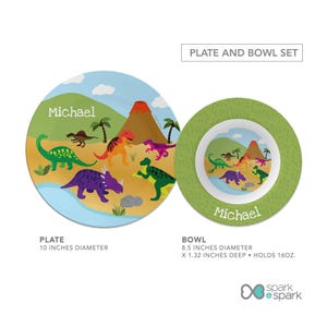 Dinosaurs Jungle Mealtime Set - Custom Dinnerware for Kids - Children's Plate, Bowl, Mug, Placemat and Cutlery - Non Melamine. Birthday Gift Plate,Bowl Set