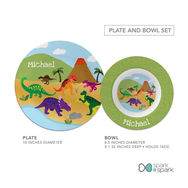 Dinosaurs Jungle Mealtime Set - Custom Dinnerware for Kids - Children's Plate, Bowl, Mug, Placemat and Cutlery - Non Melamine. Birthday Gift Plate,Bowl Set