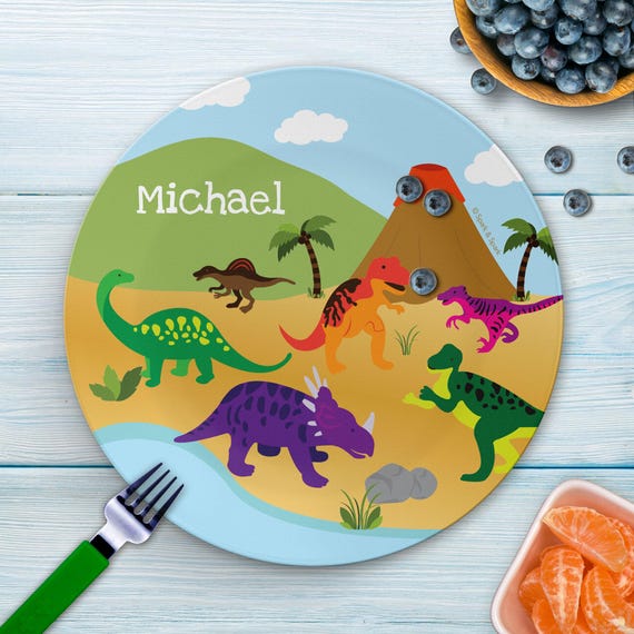 Dinosaurs Jungle Mealtime Set - Custom Dinnerware for Kids - Children's Plate, Bowl, Mug, Placemat and Cutlery - Non Melamine. Birthday Gift