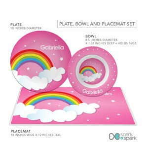 Dreamy Rainbow personalized plate, bowl, placemat set, personalized toddler tableware, featuring soft pastel rainbow arching over, custom name, 10in round, BPA free