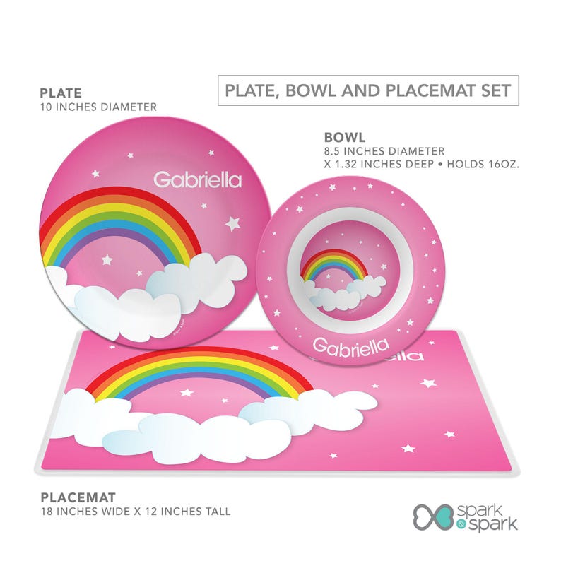 Dreamy Rainbow personalized plate, bowl, placemat set, personalized toddler tableware, featuring soft pastel rainbow arching over, custom name, 10in round, BPA free