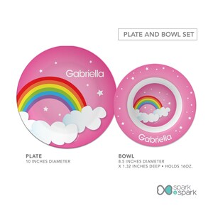Dreamy Rainbow personalized plate, bowl set, personalized toddler tableware, featuring soft pastel rainbow arching over, custom name, 10in round, BPA free