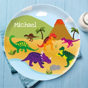 Kids Melamine Dinnerware - Dinosaurs in the Jungle - Personalized Plates for Boys - Melamine Bowl - Custom Placemat with Name