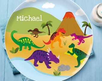 Kids Melamine Dinnerware - Dinosaurs in the Jungle - Personalized Plates for Boys - Melamine Bowl - Custom Placemat with Name