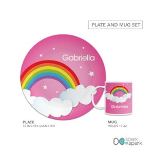 Dreamy Rainbow personalized plate, mug set, personalized toddler tableware, featuring soft pastel rainbow arching over, custom name, 10in round, BPA free