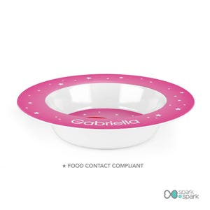 Dreamy Rainbow dishwasher safe kids bowl featuring soft pastel rainbow arching over, personalized with child's name, custom name, 8.5in 16oz, BPA