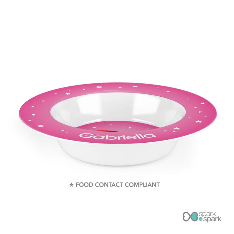 Dreamy Rainbow dishwasher safe kids bowl featuring soft pastel rainbow arching over, personalized with child's name, custom name, 8.5in 16oz, BPA
