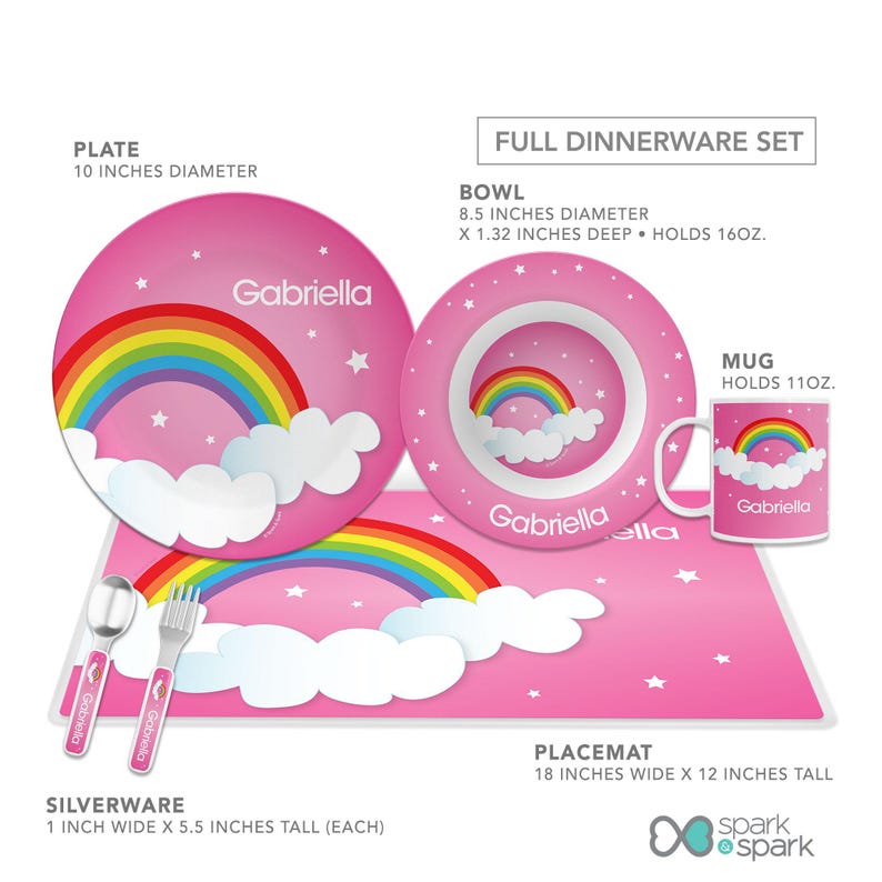 Dreamy Rainbow personalized full dinnerware set, personalized toddler tableware, featuring soft pastel rainbow arching over, custom name, 10in round, BPA free