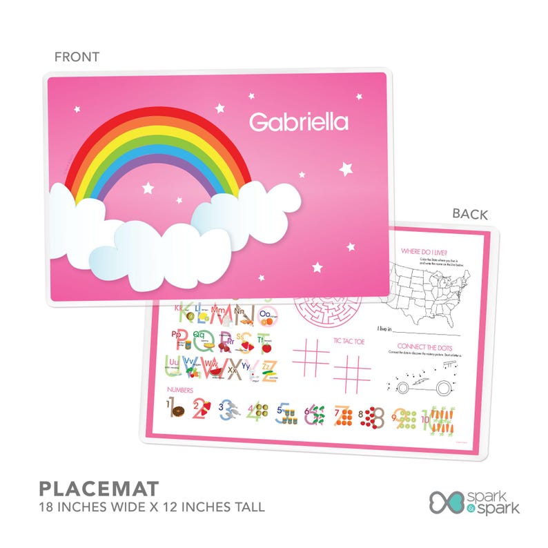 Dreamy Rainbow wipe clean toddler placemat featuring soft pastel rainbow arching over, personalized with child's name, custom name, 12x18in