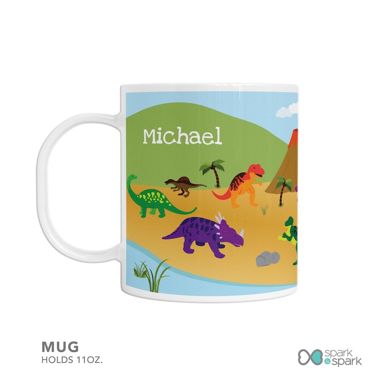 Dinosaurs Jungle Mealtime Set - Custom Dinnerware for Kids - Children's Plate, Bowl, Mug, Placemat and Cutlery - Non Melamine. Birthday Gift Mug