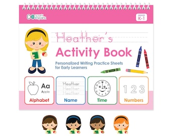 Livro de escrita em inglês personalizado para meninas | Pasta de atividades para crianças | Pasta de trabalho de escrita | Livro de exercícios do jardim de infância | Caderno de exercícios da 1ª série