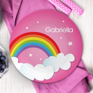Dreamy Rainbow personalized plate, personalized toddler tableware, featuring soft pastel rainbow arching over, custom name, 10in round, BPA free