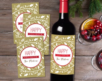 Christmas Wine Bottle Label - 4 Christmas Wine Labels - Khaki Xmas Collage - Holiday Wine Labels - Custom Labels - Waterproof Wine Label